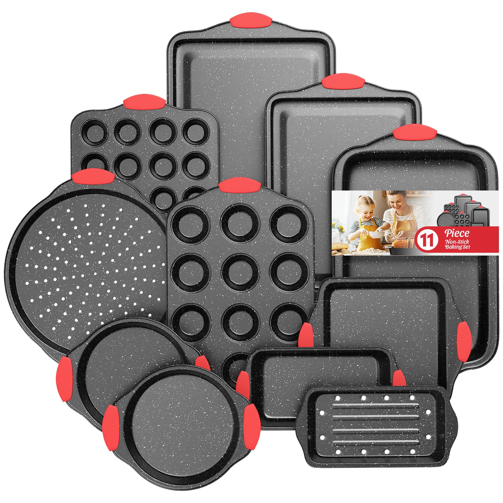 Slow Slog front packaging showing red and black 11-piece bakeware set benefit organized kit