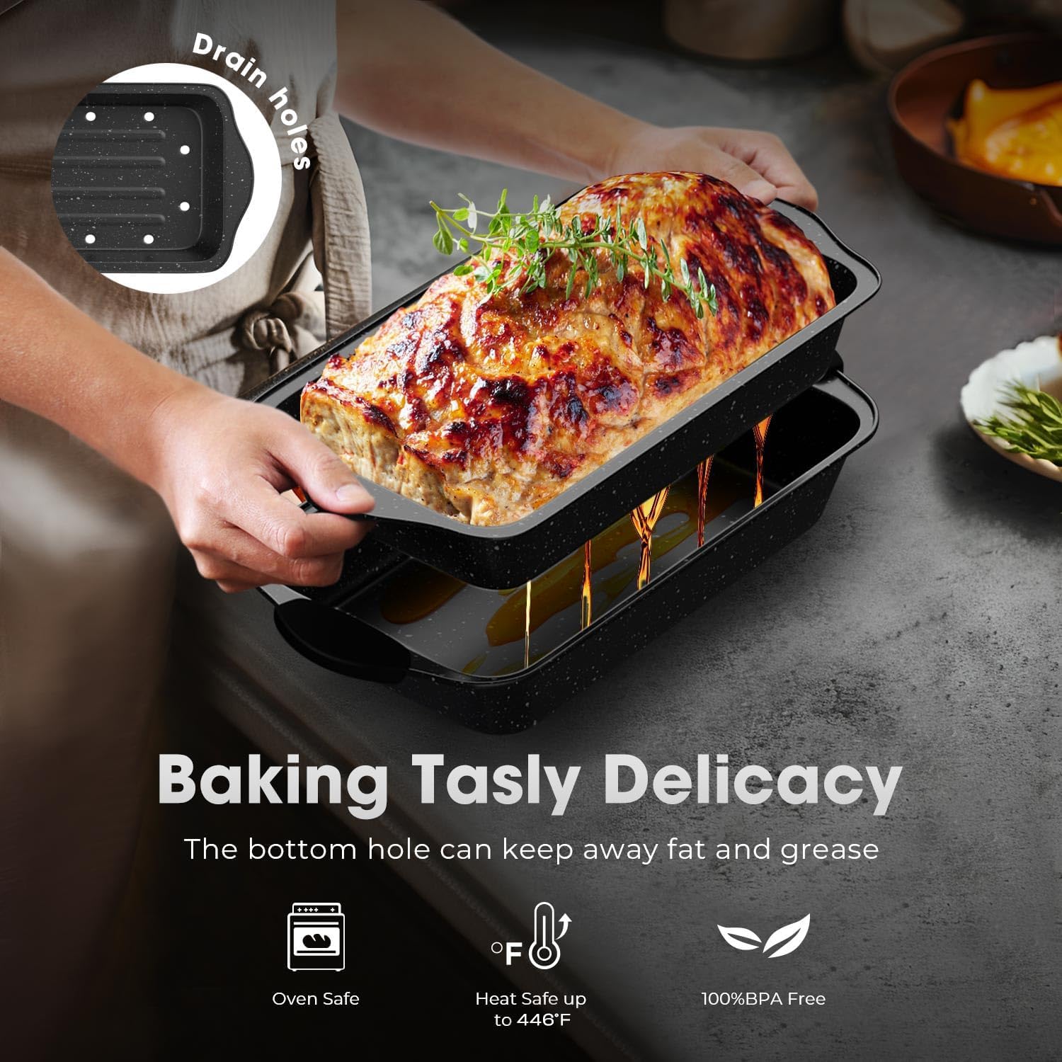 Slow Slog roasting pan holding roasted vegetables and meat for versatile use