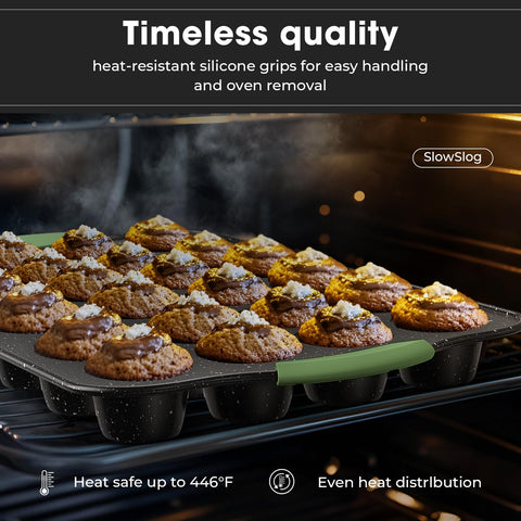 Slow Slog stacked bakeware stored in cabinet saving space and keeping pans organized