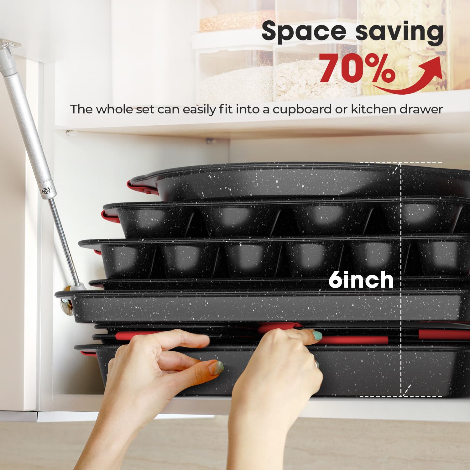 Slow Slog stacked pans in a cabinet illustrating compact storage and space savings
