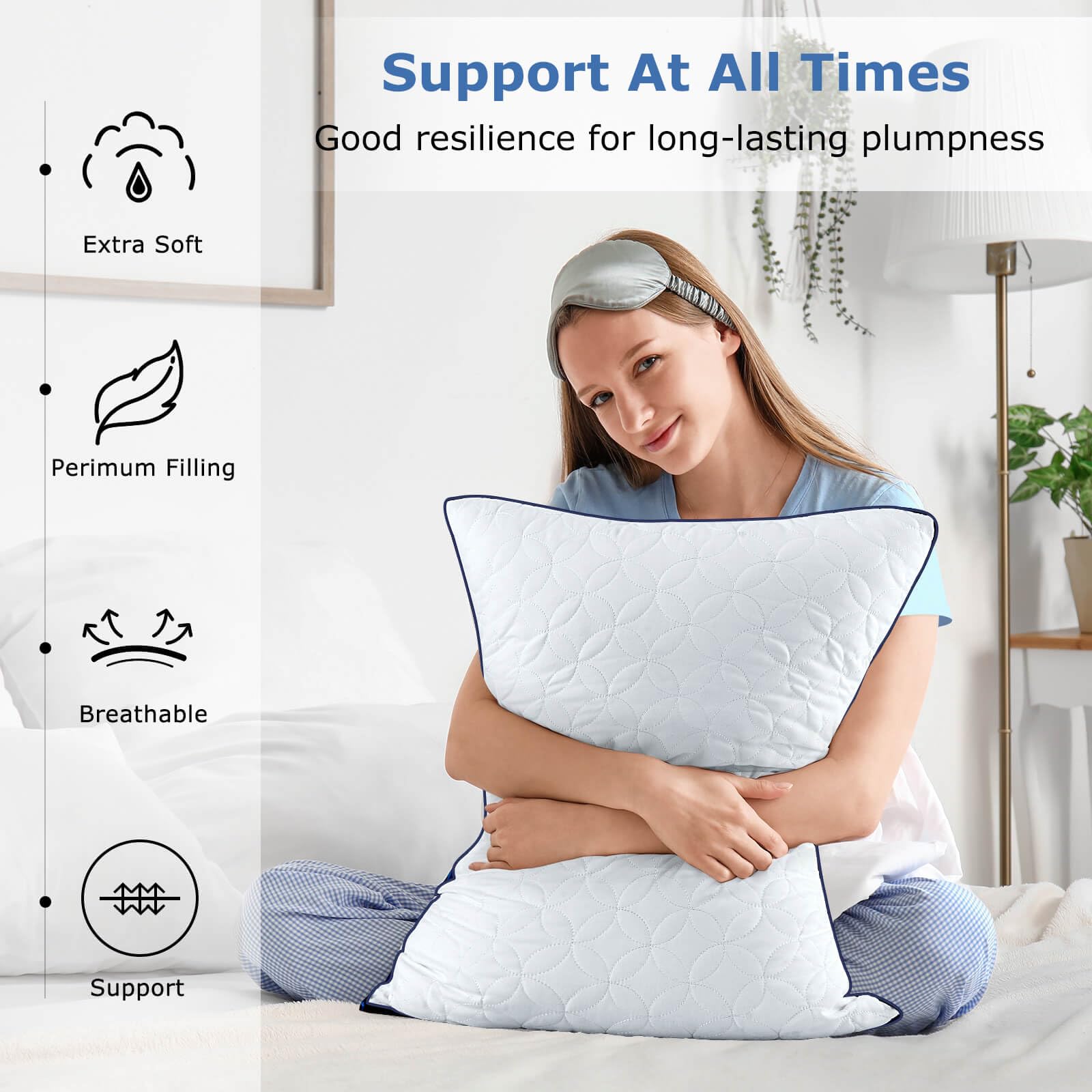Slybear pillows styled on made bed to illustrate comfortable hotel-quality sleep setting