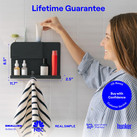 Smallish WallShelfie with cupholder and hook attachments showing modular organization benefits
