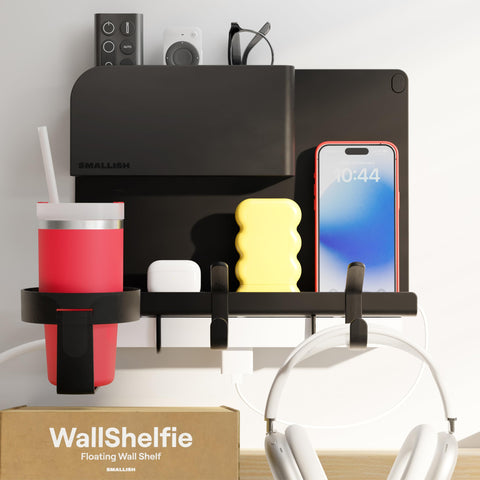 Smallish WallShelfie front view showing sleek black floating shelf and tidy storage benefit