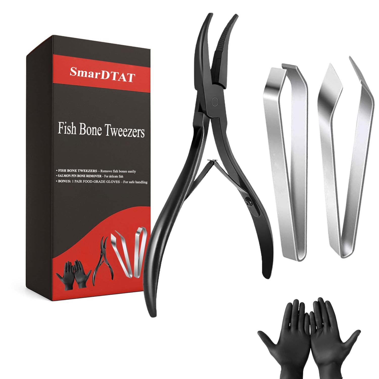 SmarDTAT front view of fish bone tweezers showing full kit and benefits