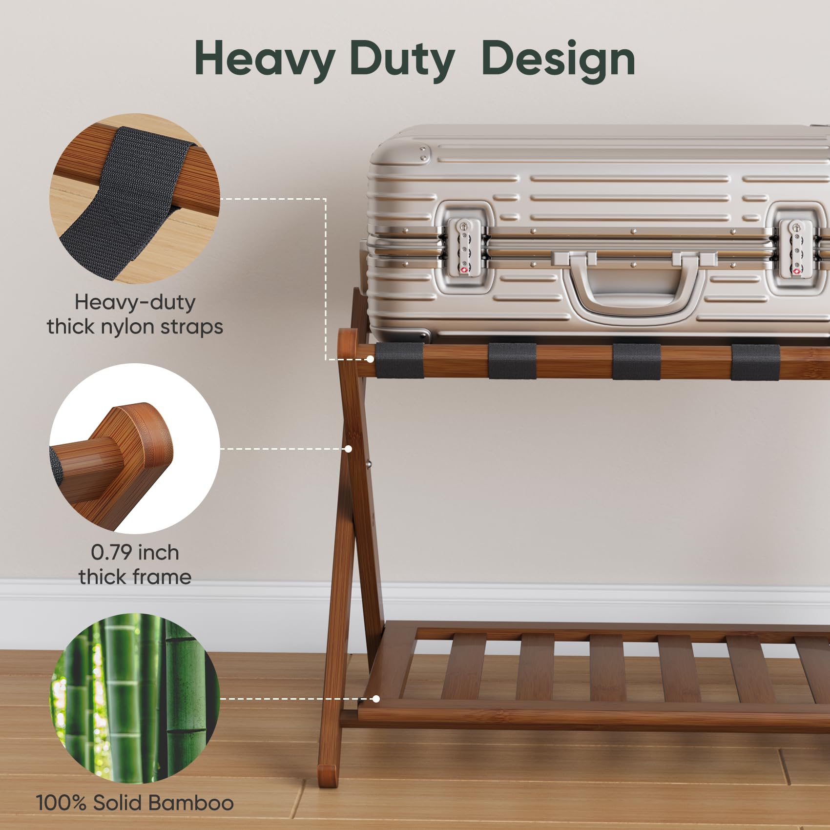 Smart FENDEE close-up of five bamboo nylon straps showing sturdy suitcase support