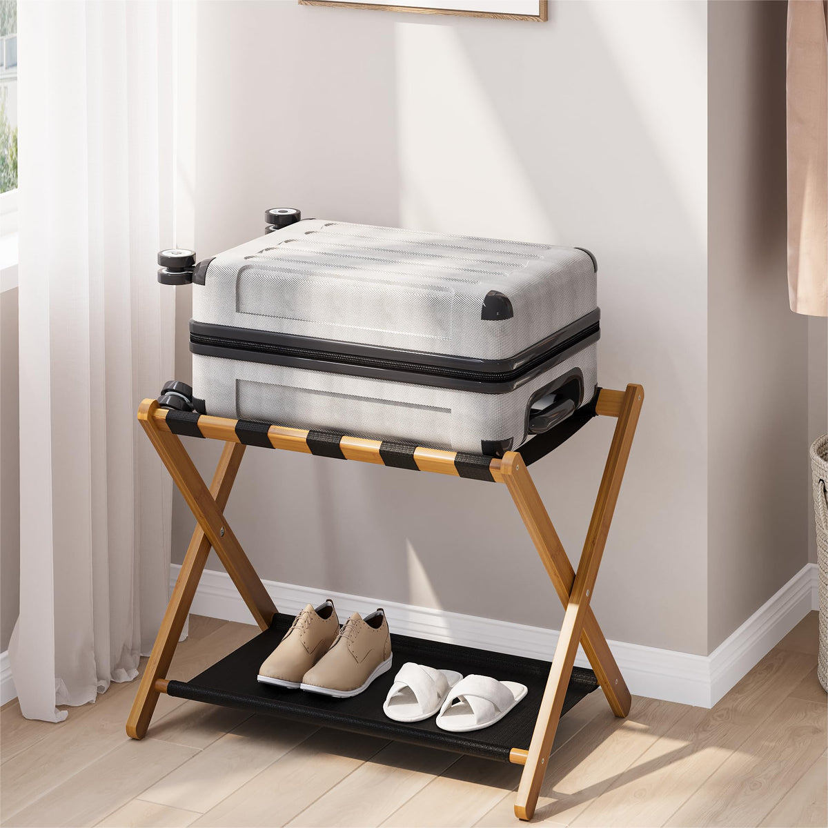 Smart FENDEE front view walnut luggage rack showing sturdy elegant frame