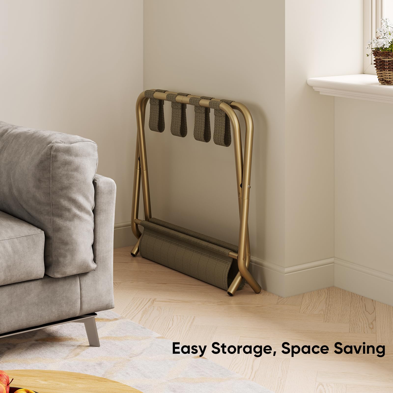 Smart FENDEE folded luggage rack stored upright, convenient compact storage benefit