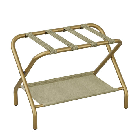 Smart FENDEE front view of gold luggage rack showing sturdy frame and straps, neat storage