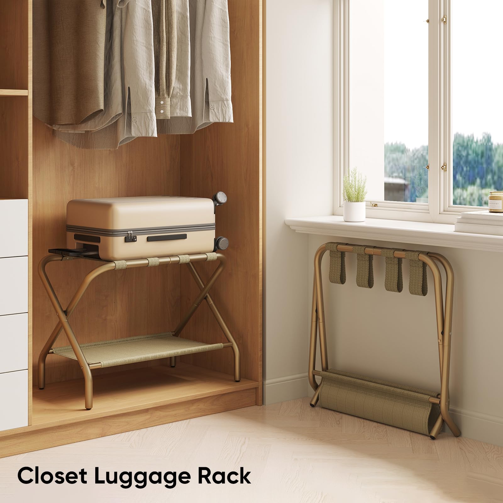 Smart FENDEE rack holding a suitcase at waist height, easier packing and unpacking