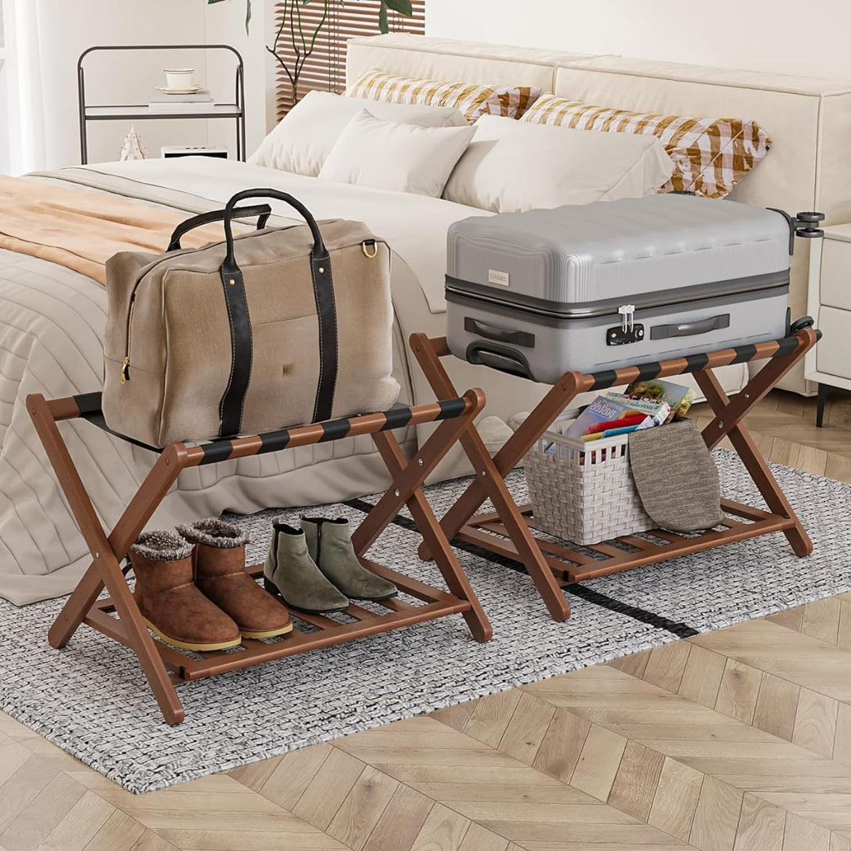 Smart FENDEE front view of walnut luggage rack showing assembled ready-to-use convenience