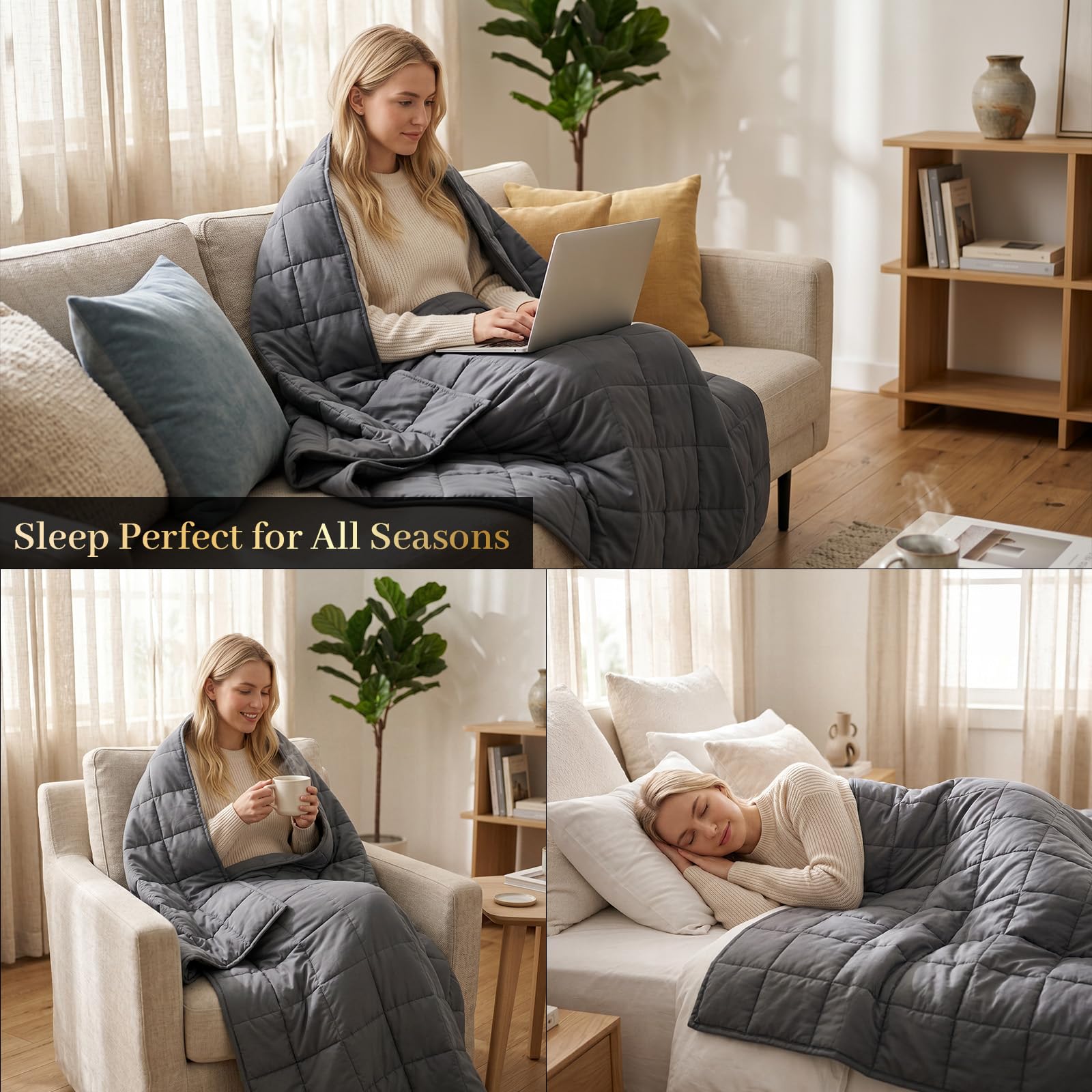 Smart Queen blanket on bed demonstrating full-size fit without overhang