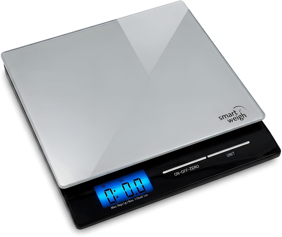 Smart Weigh front view showing glass platform and readable display for accurate weighing
