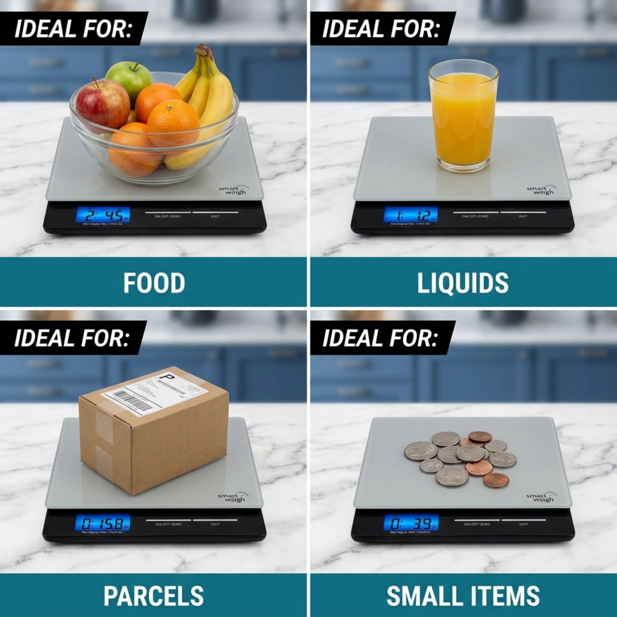 Smart Weigh beside a US letter to show platform size and scale capacity