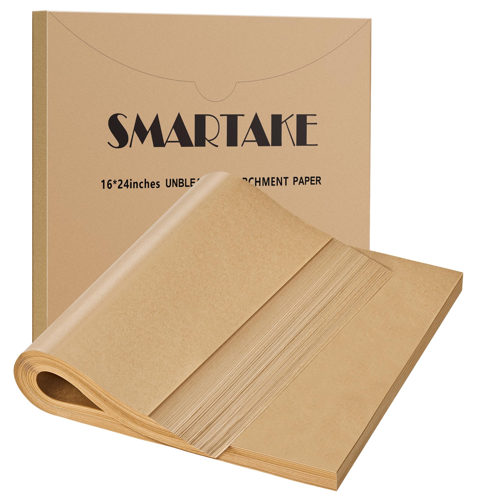 SMARTAKE front packaging showing 200 parchment sheets and compact box for organized storage