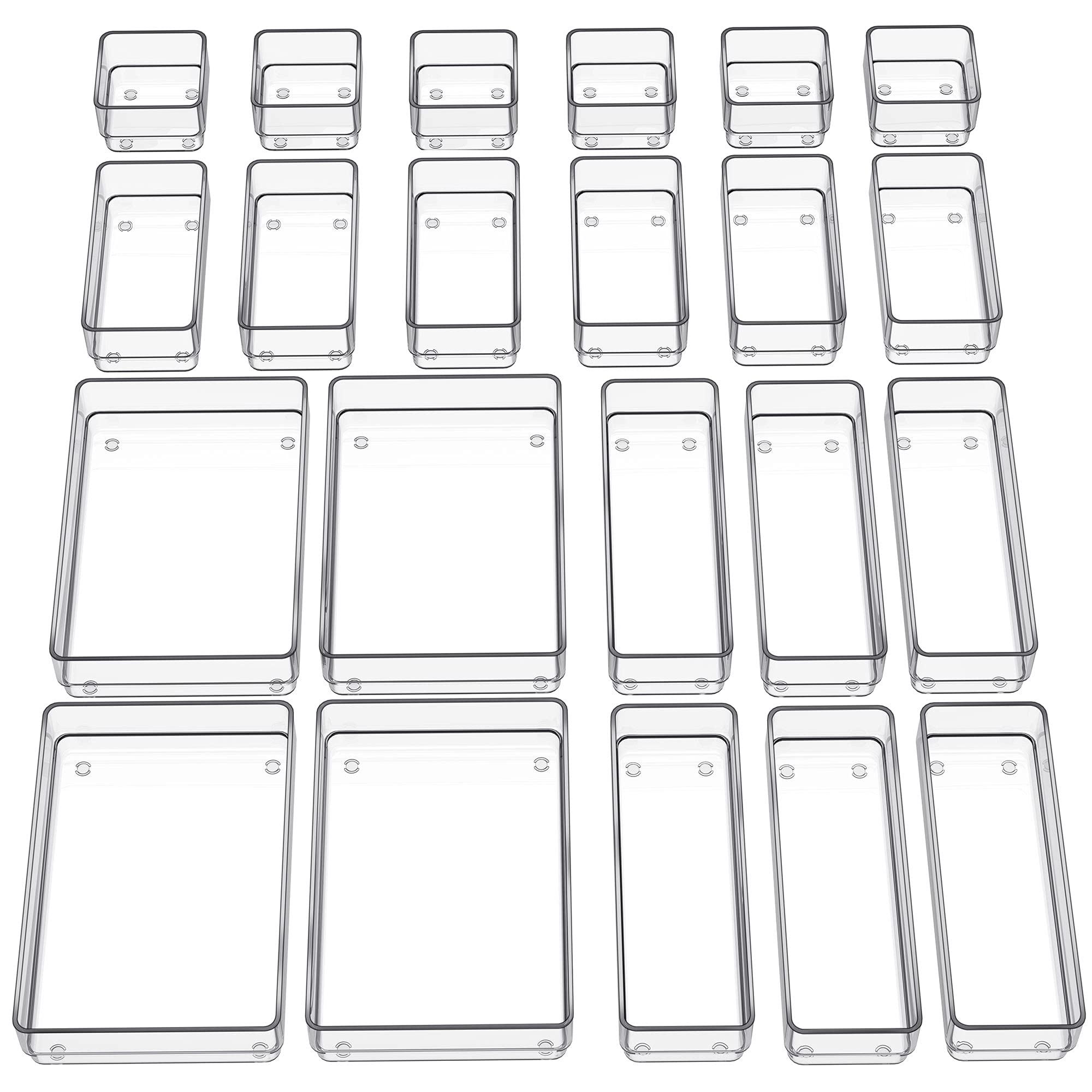 SMARTAKE front view of clear tray set showing all 22 pieces and visibility benefit