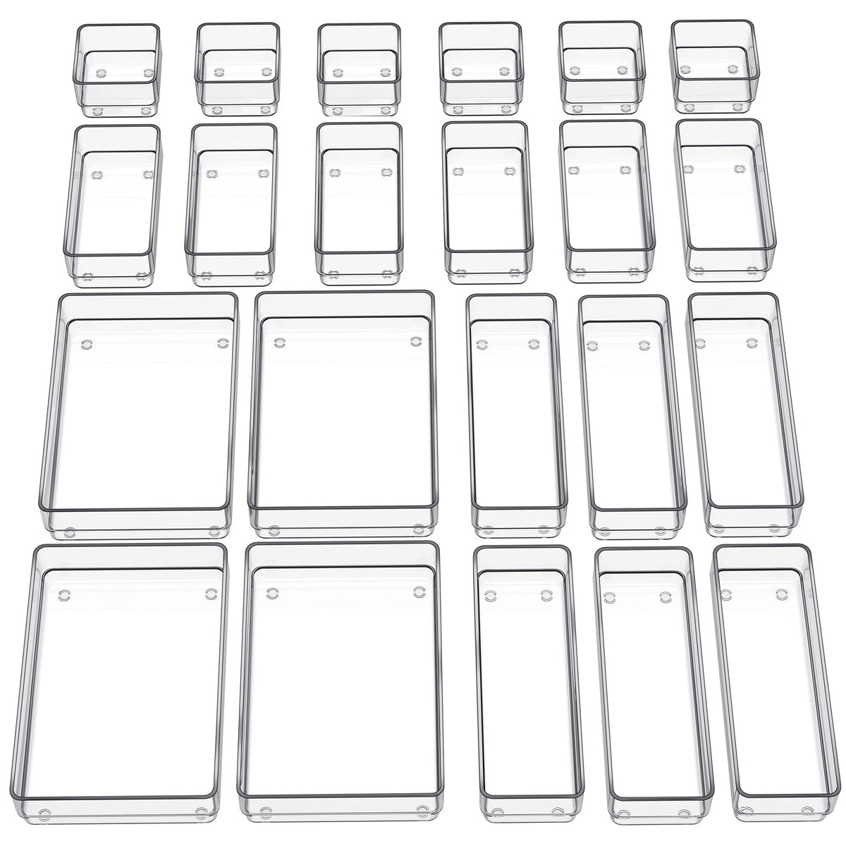 SMARTAKE front view of clear tray set showing all 22 pieces and visibility benefit