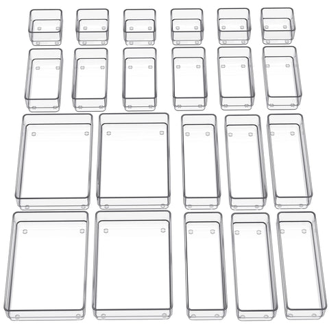 SMARTAKE front view of clear tray set showing all 22 pieces and visibility benefit