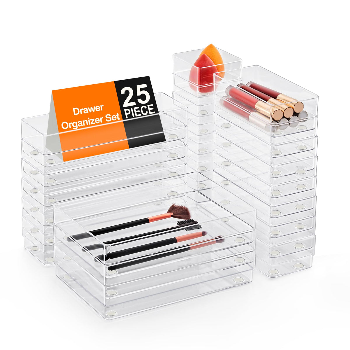 SMARTAKE front view of full 25-piece clear tray set showing contents and benefit