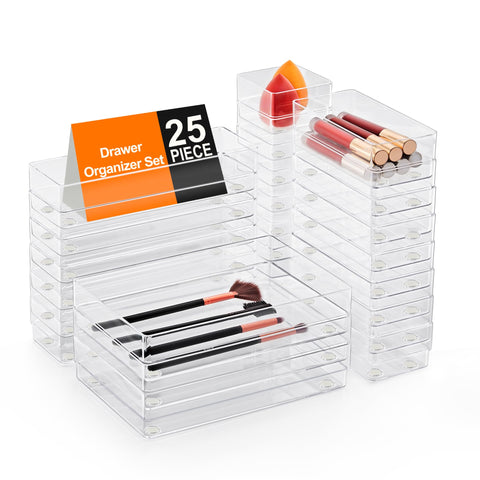 SMARTAKE front view of full 25-piece clear tray set showing contents and benefit