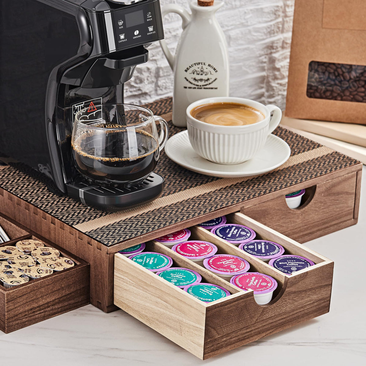 SMARTAKE front view of wooden organizer showing tidy pod storage and warm finish