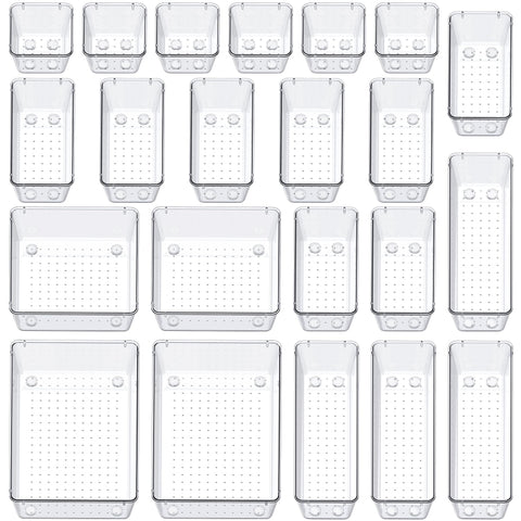 SMARTAKE front view of full 22-piece organizer set showing clear trays and layout benefit