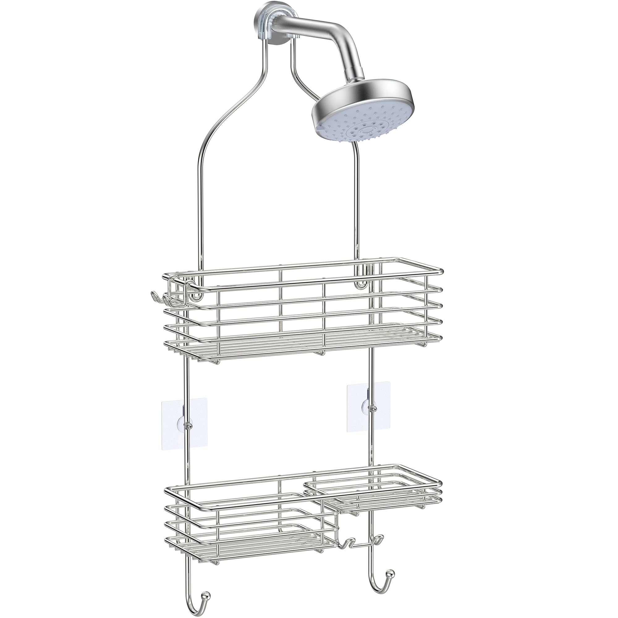 SMARTAKE front view of two-tier shelf showing organized toiletries and benefit of space-saving