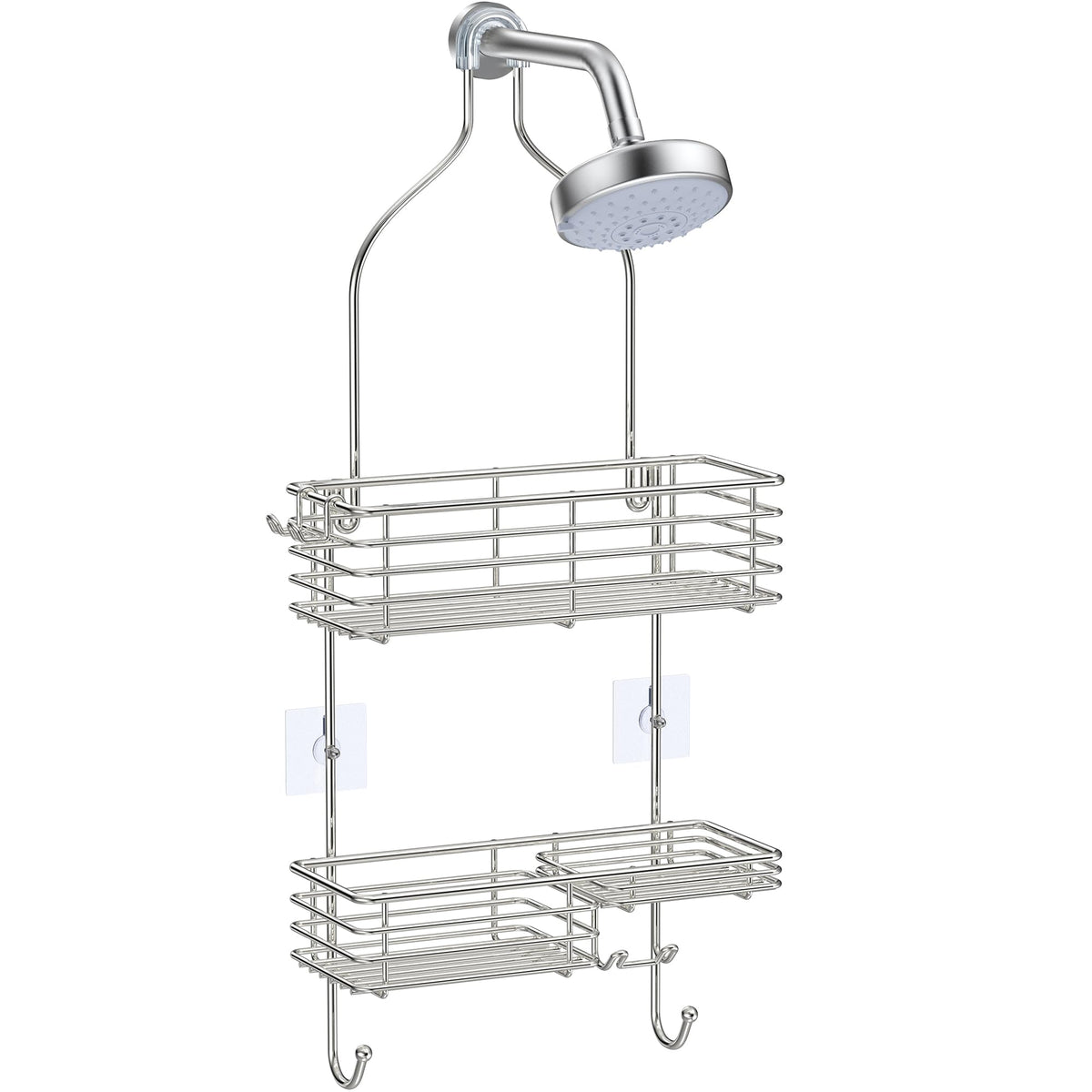 SMARTAKE front view of two-tier shelf showing organized toiletries and benefit of space-saving