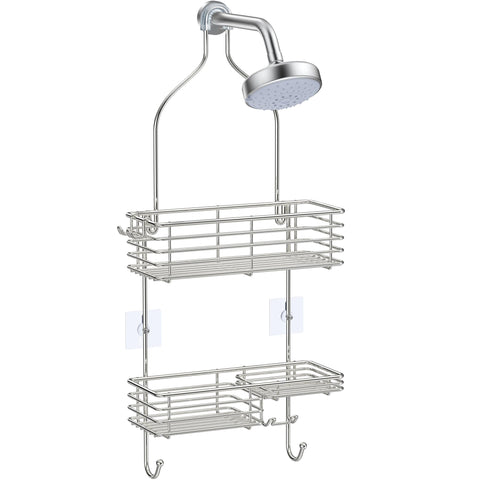 SMARTAKE front view of two-tier shelf showing organized toiletries and benefit of space-saving