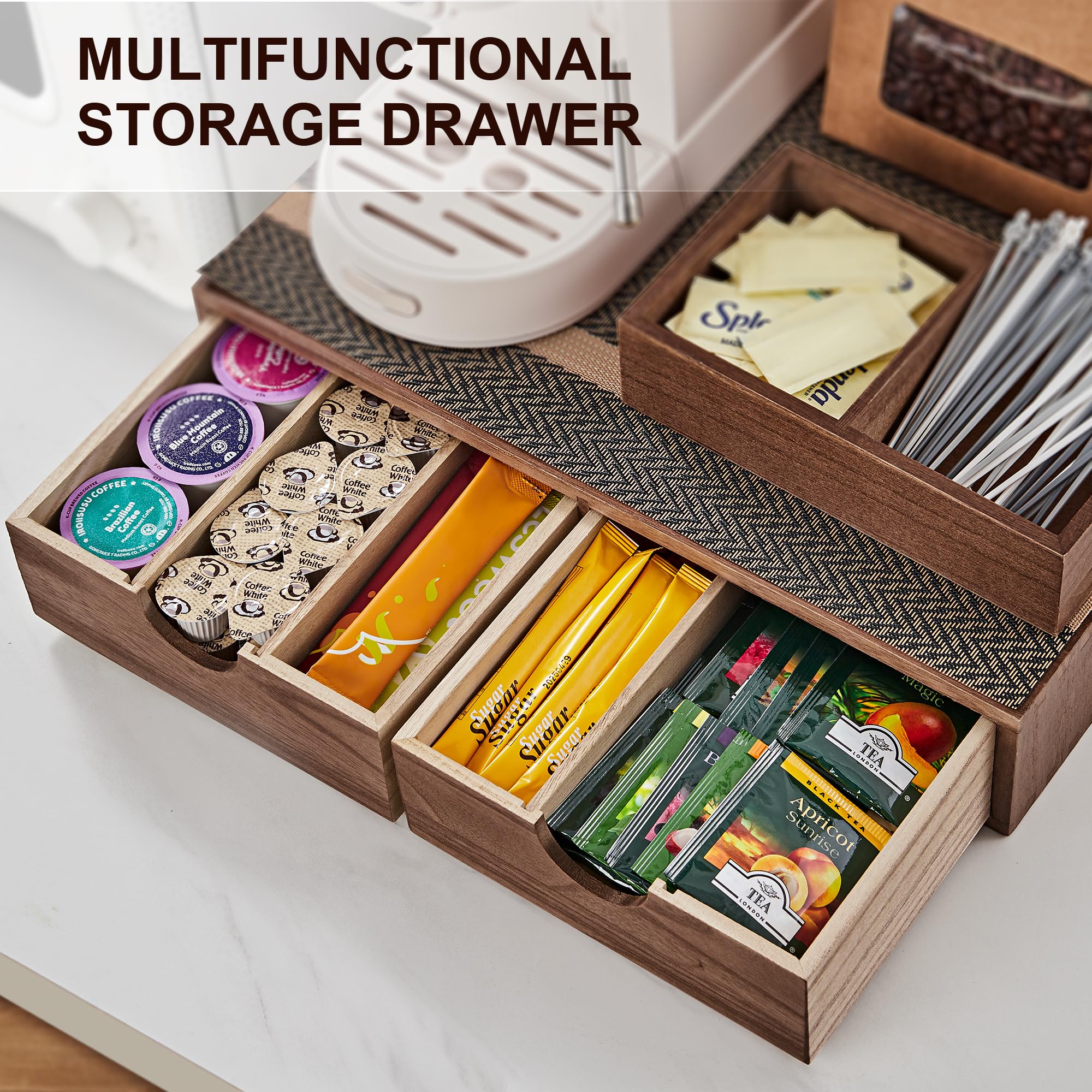 SMARTAKE lifestyle kitchen scene illustrating neat coffee station and stylish storage