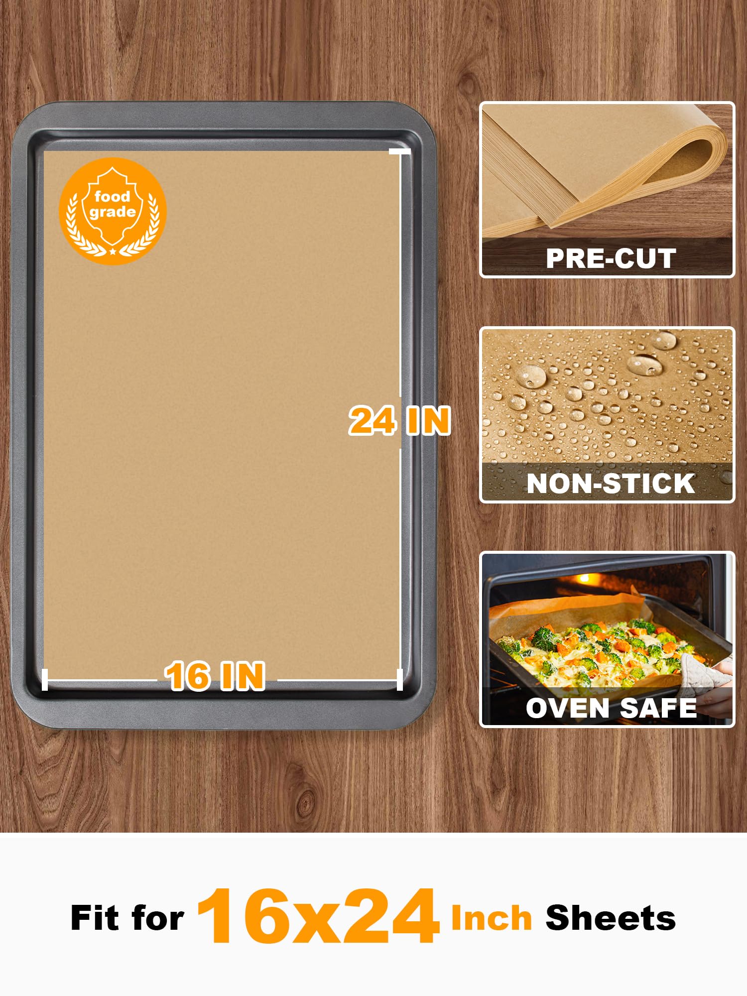 SMARTAKE parchment sheet laying flat on a large baking pan to prevent curling and speed prep