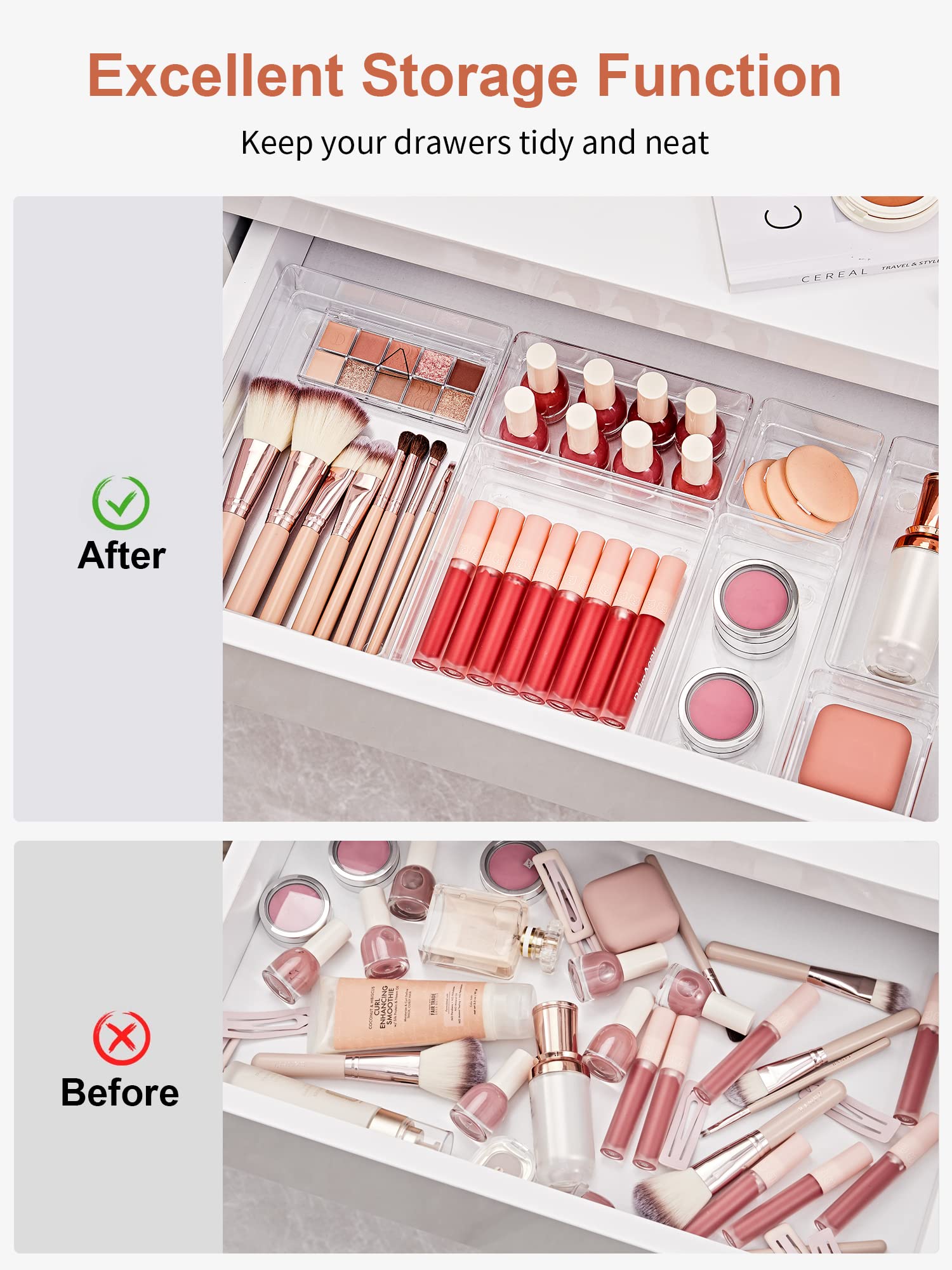SMARTAKE trays inside a bathroom vanity drawer organizing skincare and tools neatly