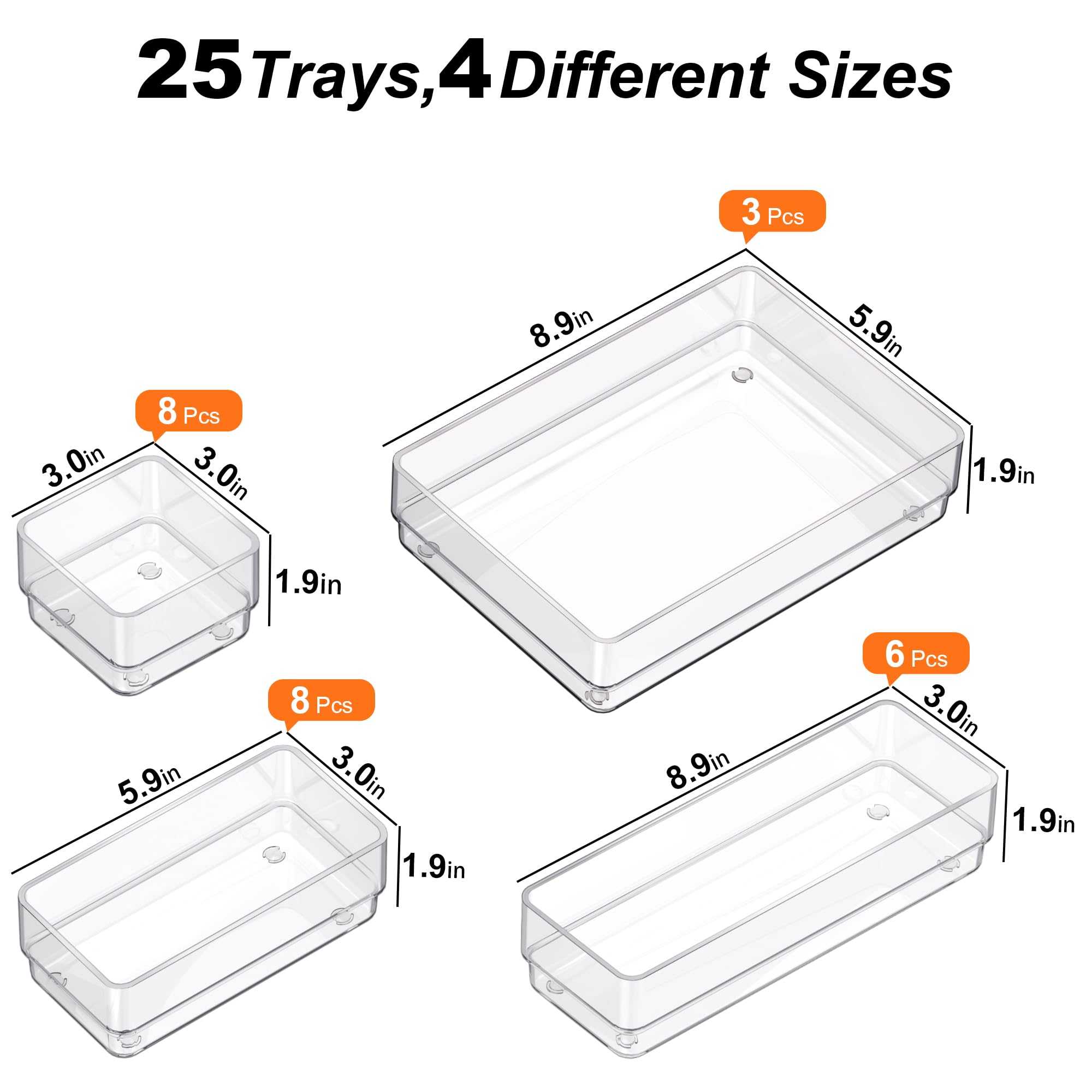 SMARTAKE layout comparing the four tray sizes for customizable organization