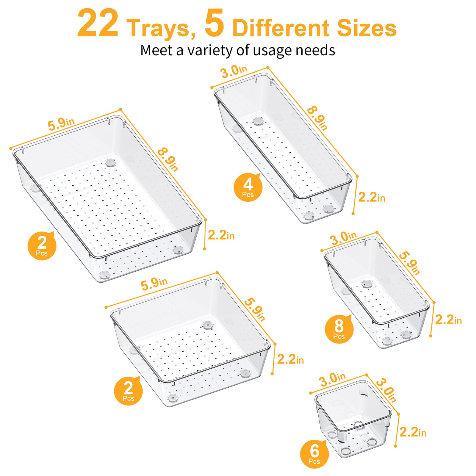 SMARTAKE arranged trays of five sizes demonstrating modular organization options