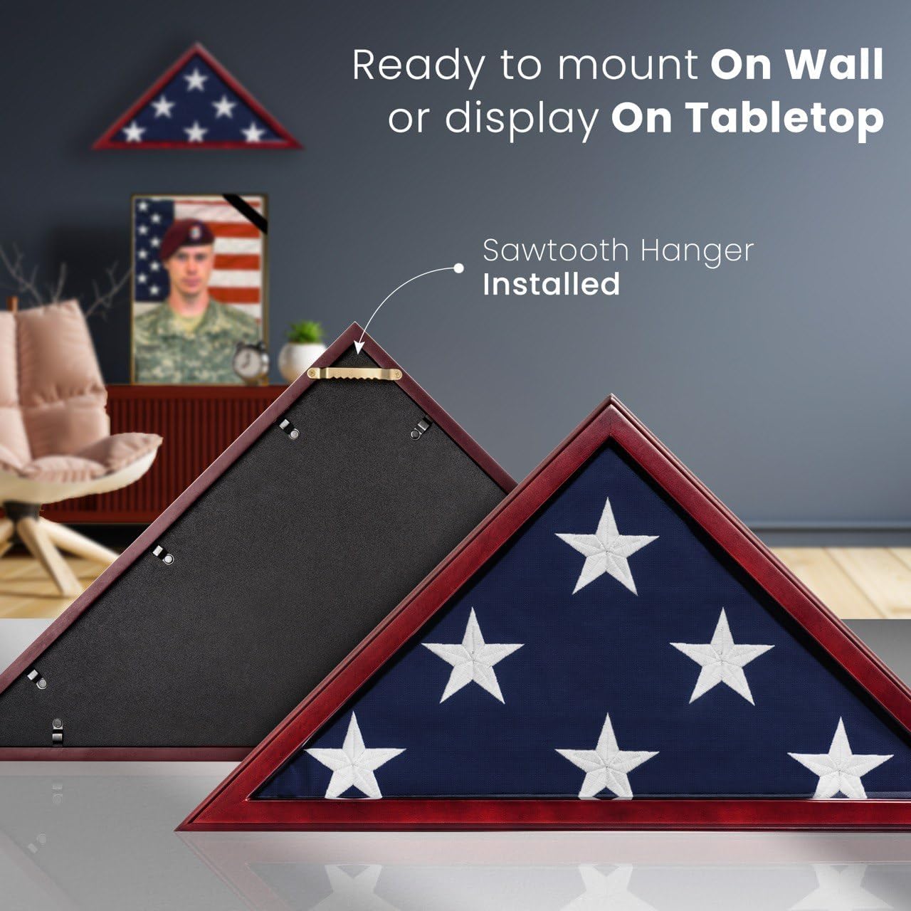 SmartChoice folded flag displayed inside case emphasizing respectful display benefit