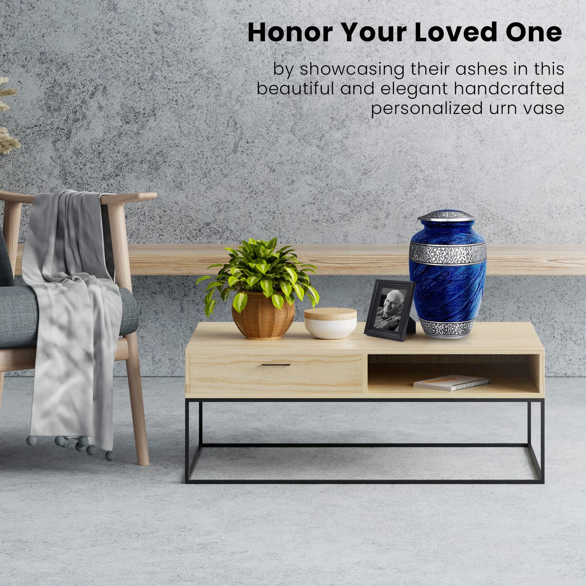 SmartChoice urn on mantel with photos conveying respectful memorial display