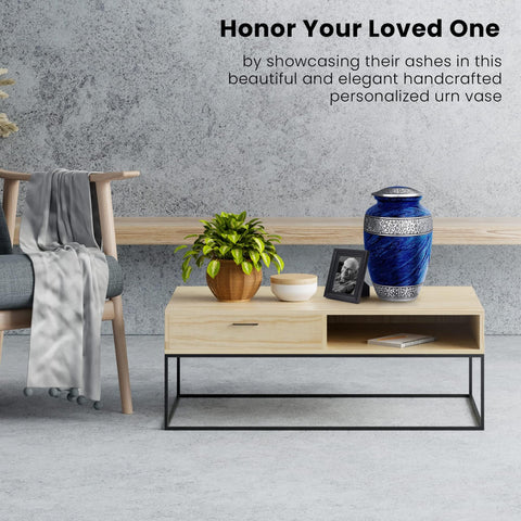 SmartChoice urn on mantel with photos conveying respectful memorial display