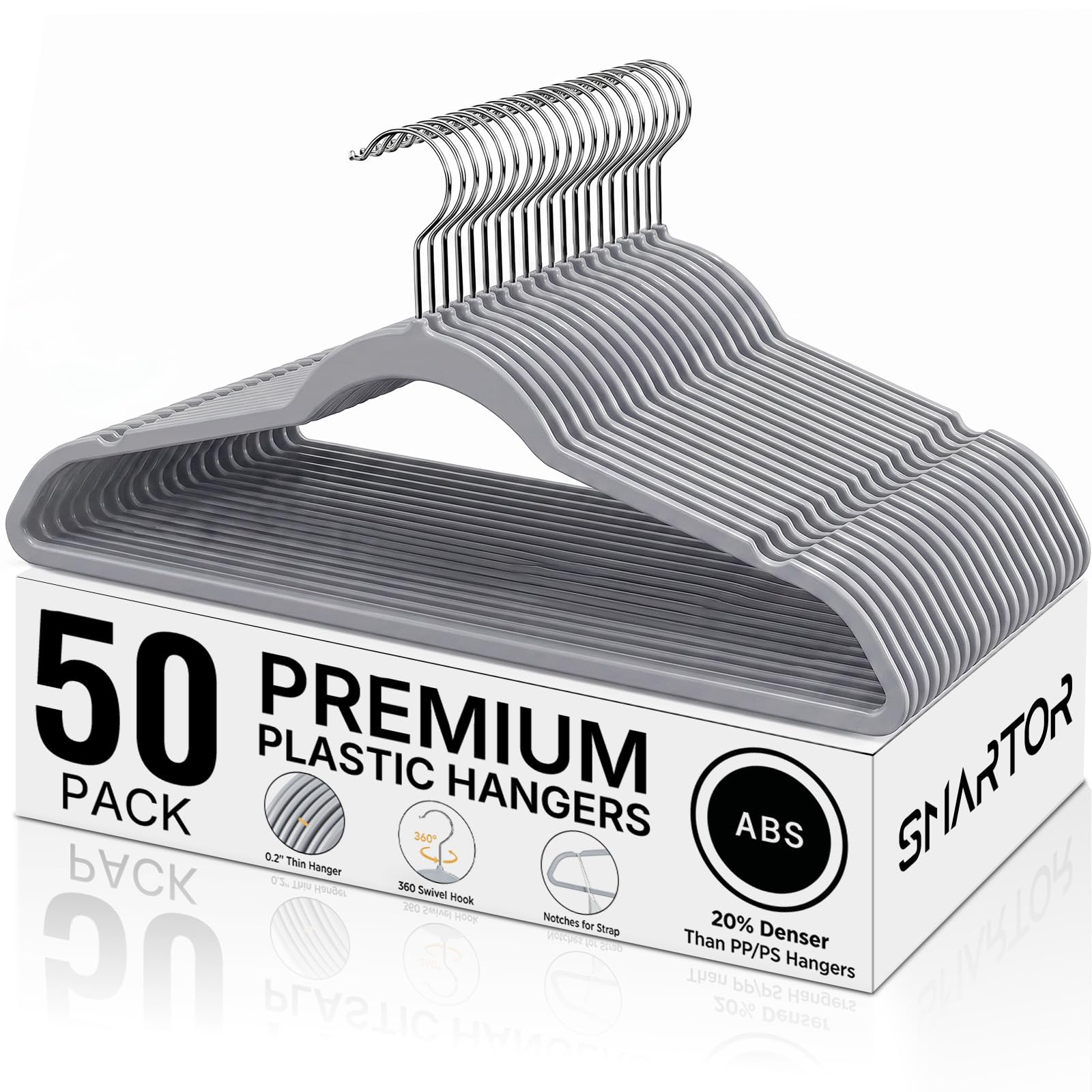 SMARTOR front view pack showing 50 hangers and organized closet benefit