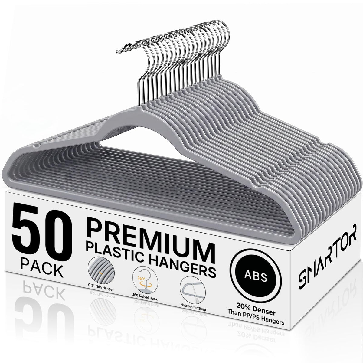 SMARTOR front view pack showing 50 hangers and organized closet benefit