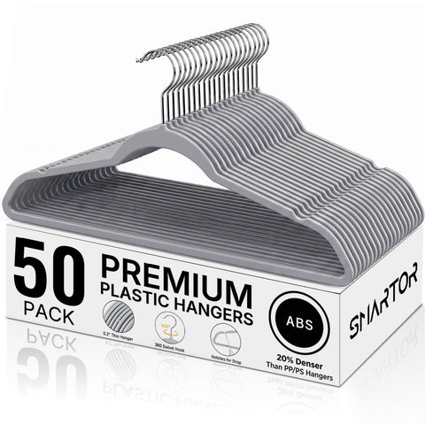 SMARTOR front view pack showing 50 hangers and organized closet benefit
