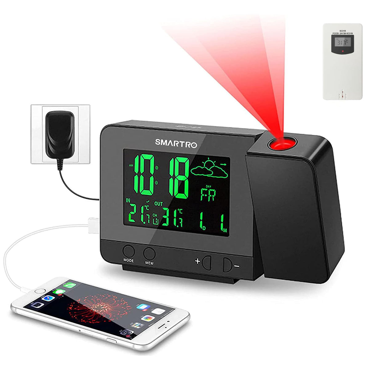 SMARTRO SC31B front display showing time and temperature for quick bedside reference
