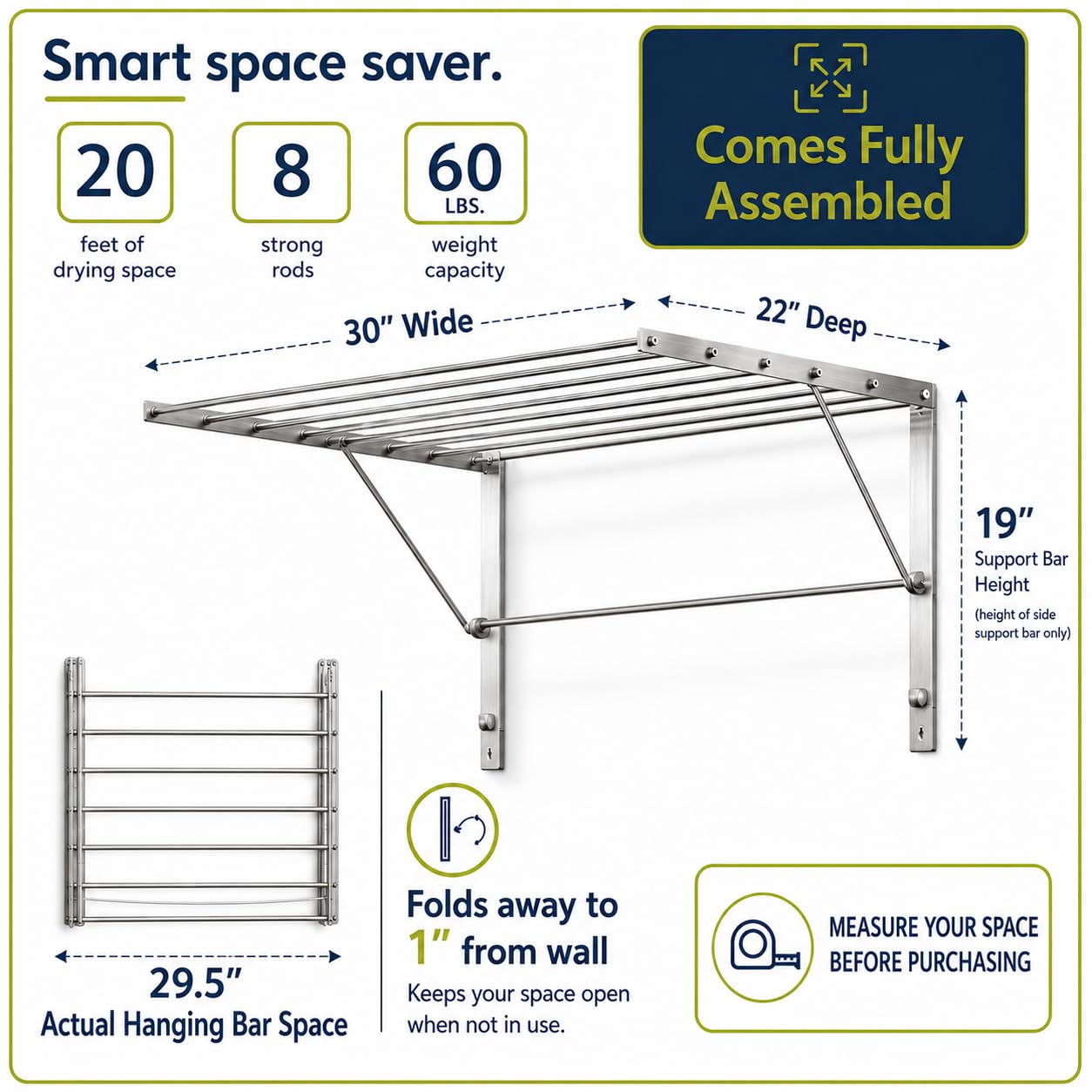 Smartsome expanded 30-inch drying rack showing full hanging area