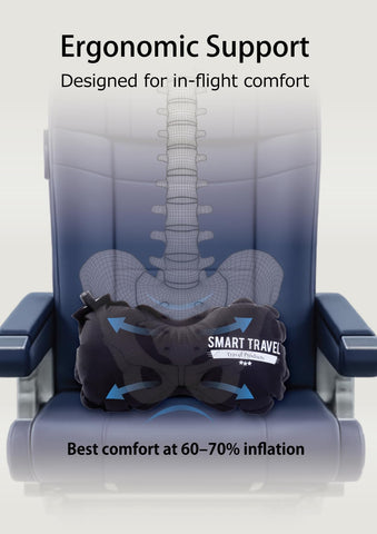 SMART TRAVEL adjustable strap secured to airplane seat keeping pillow stable