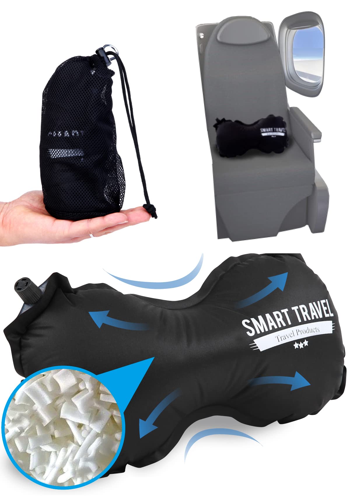 SMART TRAVEL front view of lumbar pillow showing compact profile and brand