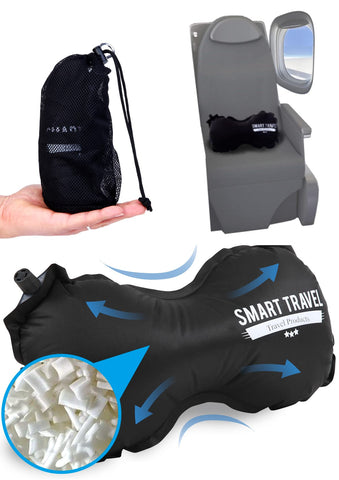 SMART TRAVEL front view of lumbar pillow showing compact profile and brand
