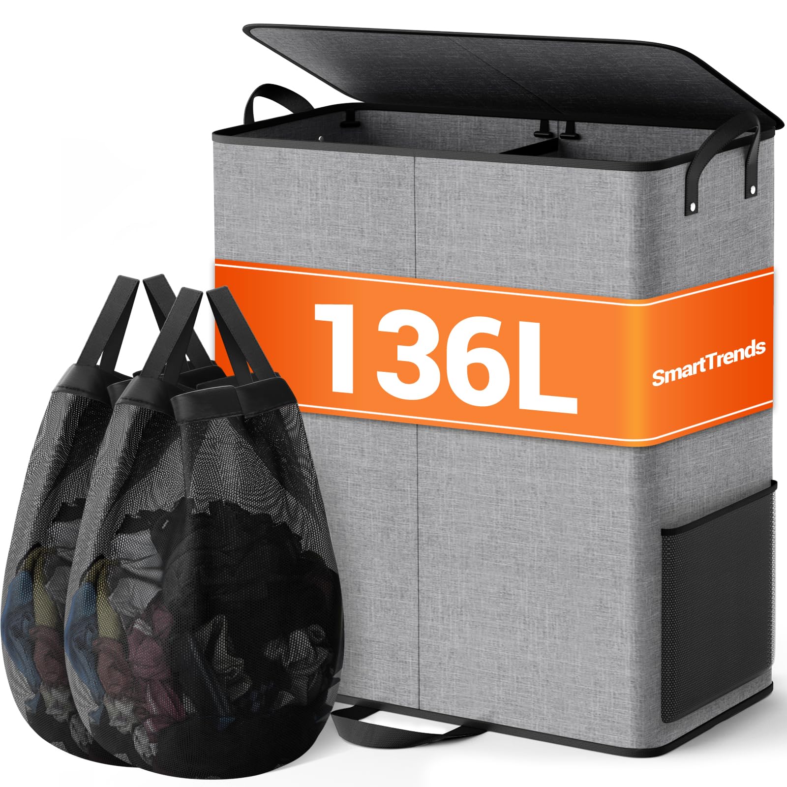 SmartTrends front view gray hamper with lid showing neat storage benefit