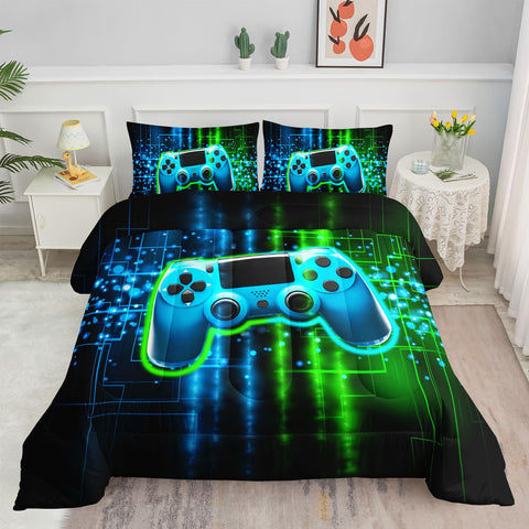 Smell Sunshine front view of green gamepad comforter showing bold print and comfy finish