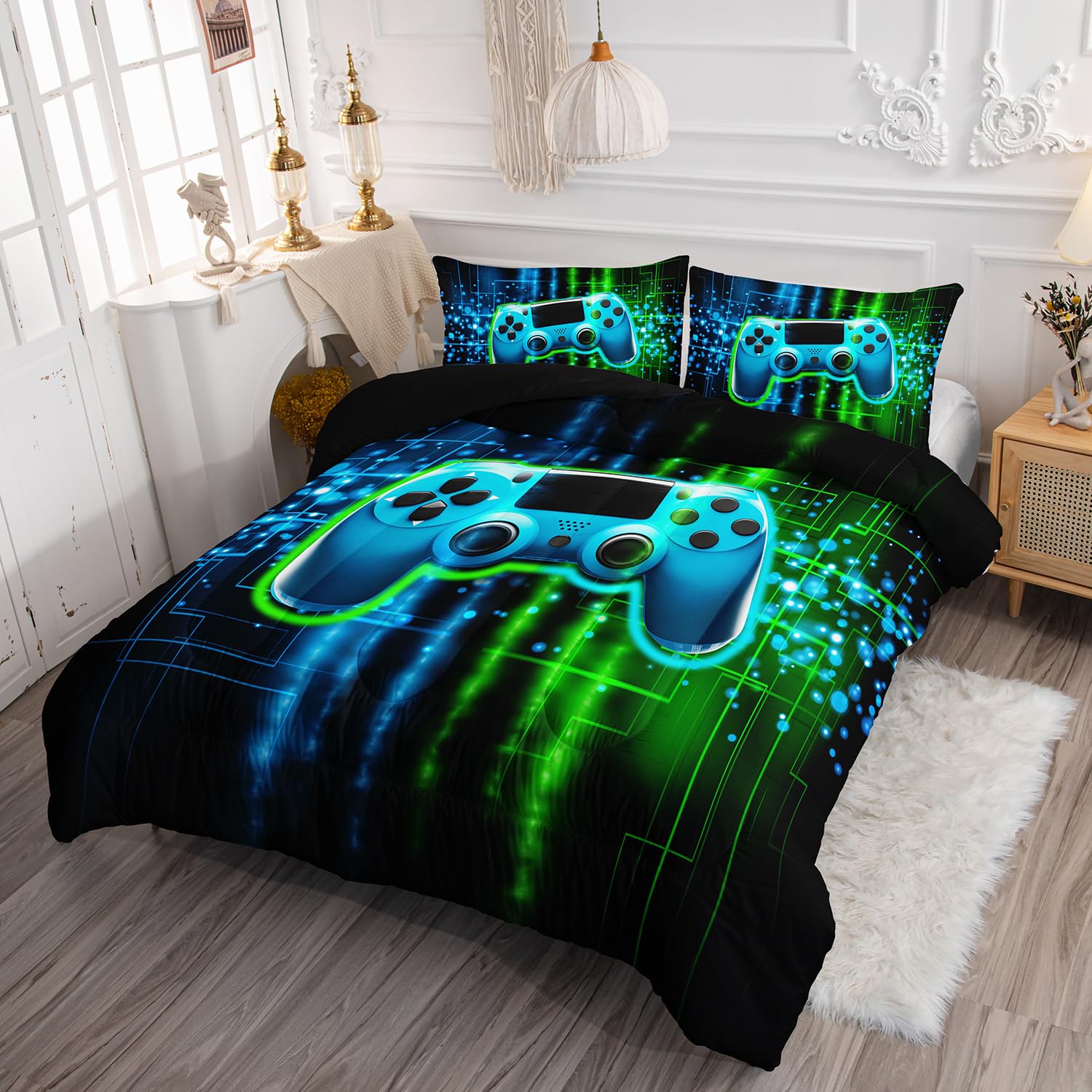 Smell Sunshine comforter on twin bed showing fit and playful gaming design