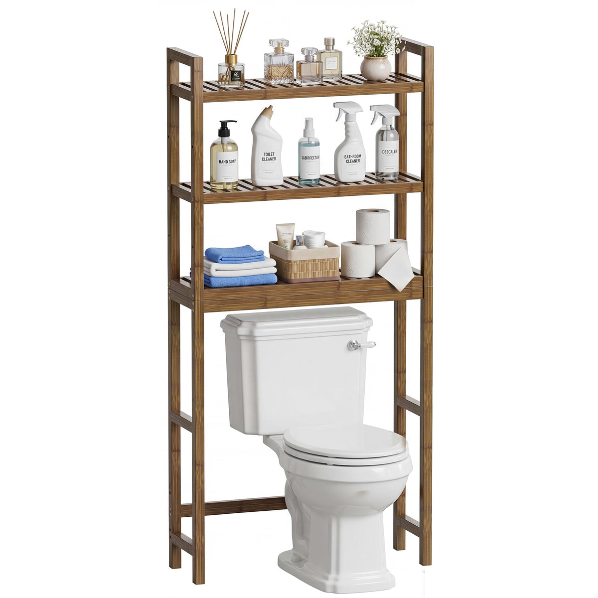 SMIBUY bamboo freestanding shelf front view showing compact storage benefit