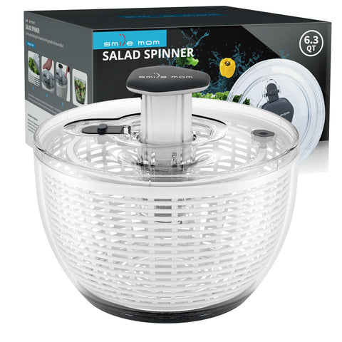 Smile mom front view showing large salad spinner and packaging, ideal for family prep