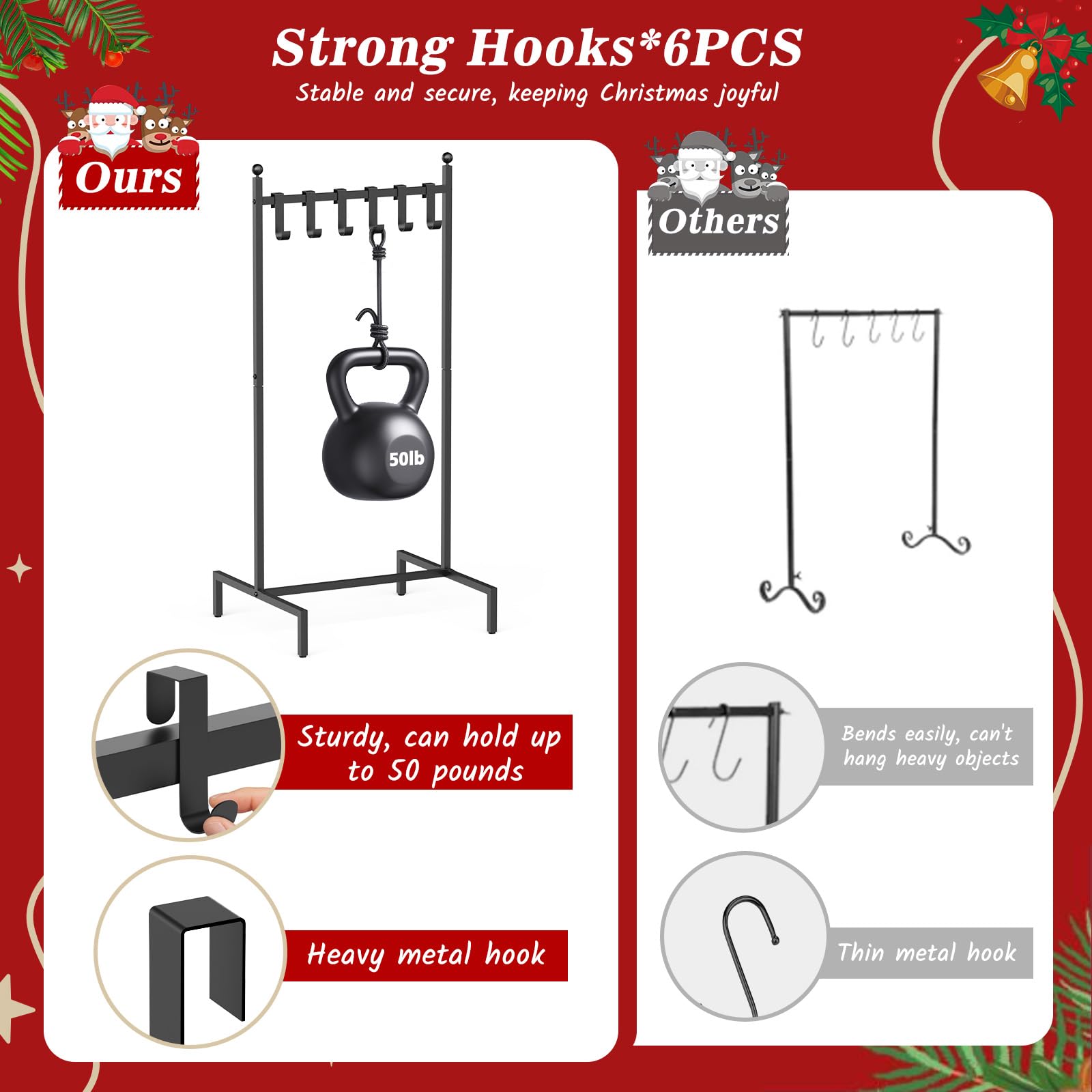 SMINDER stocking rack in living room holding six stockings to create festive holiday atmosphere
